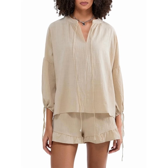 Women'S Shorts Set, Two-Piece, Long-Sleeved Tie-Dress Top and Ruffled Boxer Shorts, Matching Casual Set Khaki M