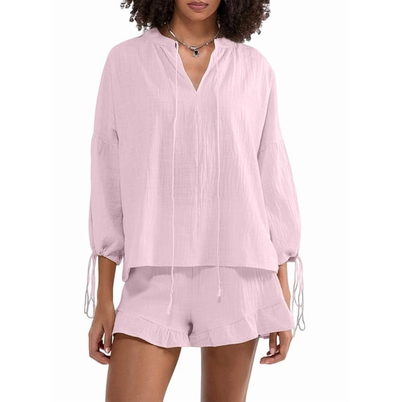 Women'S Shorts Set, Two-Piece, Long-Sleeved Tie-Dress Top and Ruffled Boxer Shorts, Matching Casual Set Pink S