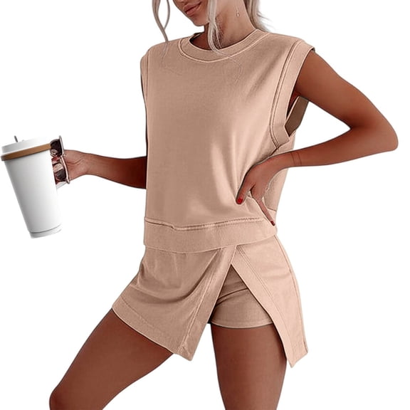 Women'S Shorts Suit Women'S Summer Casual Shorts Suit Sleeveless Top And Shorts Two Piece Set Comfortable Outfit For Daily Outdoor Campus Khaki XL
