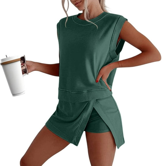 Women'S Shorts Suit Women'S Summer Casual Shorts Suit Sleeveless Top And Shorts Two Piece Set Comfortable Outfit For Daily Outdoor Campus Dark Green S