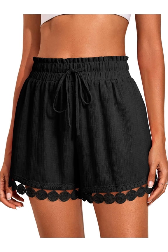 Women'S Shorts Summer Casual Loose Elastic Waist Drawstring Lace Boho Beach Cover Up Shorts Black XXL