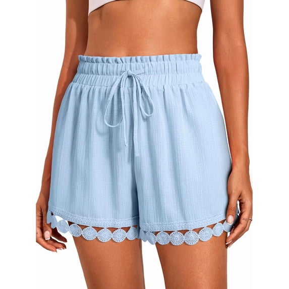 Women'S Shorts Summer Casual Loose Elastic Waist Drawstring Lace Boho Beach Cover Up Shorts Blue L