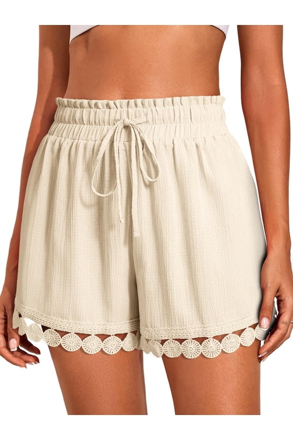 Women'S Shorts Summer Casual Loose Elastic Waist Drawstring Lace Boho Beach Cover Up Shorts Color XXL