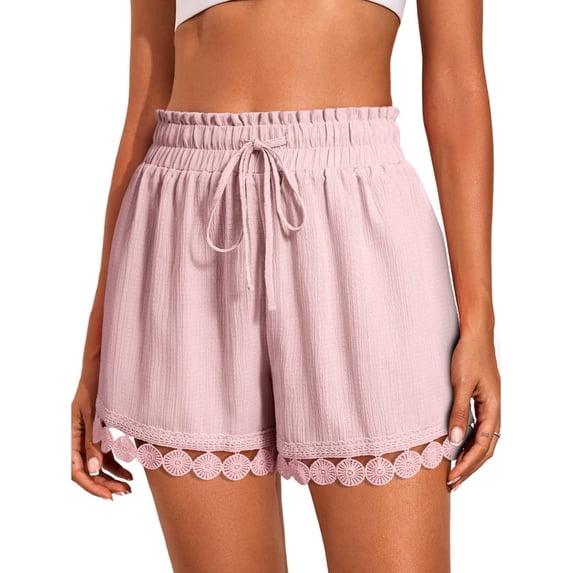 Women'S Shorts Summer Casual Loose Elastic Waist Drawstring Lace Boho Beach Cover Up Shorts Pink L