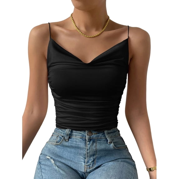 Women'S Silk Satin Camisole Cowl Neck Tank Top Silky Basic Tank Shirt Black S