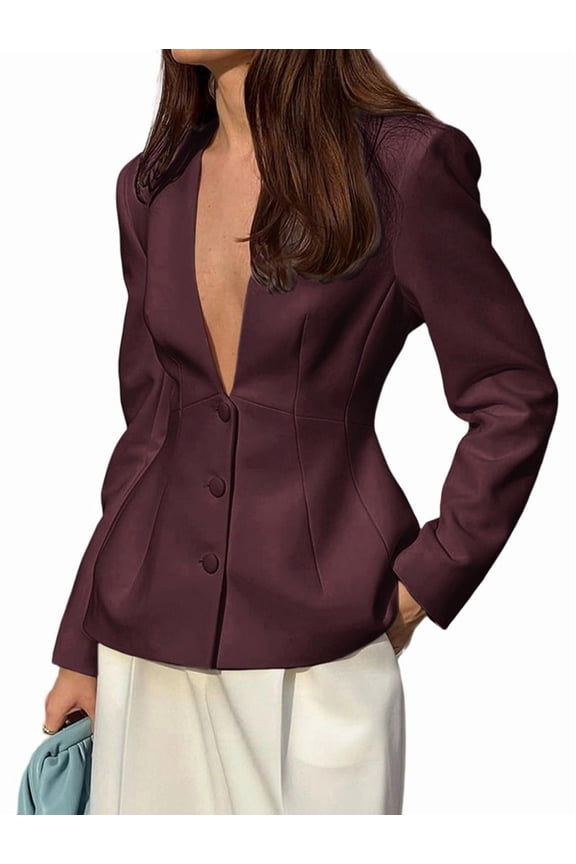 Women'S Simple Fashion Deep V-Neck Spring Fall Casual Work Solid Color Long Sleeve Button Blazer Top Wine Red XL