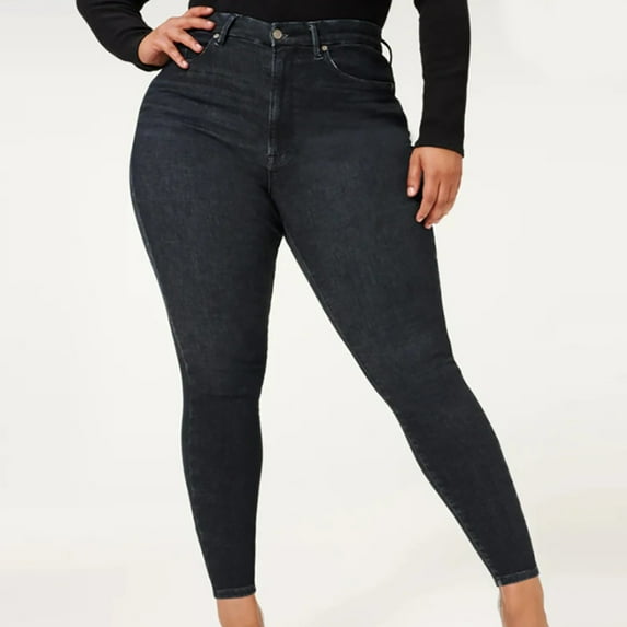 Women'S Skinny Jeans High Rise Stretch Bodycon Denim Trousers Slim Pure Color Casual Comfortable Pencil Pants With Pocket Black XXL