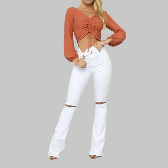 Women'S Skinny Ripped Jeans High Waist Slim Fit Hole Trumpet Pant Jeans White L