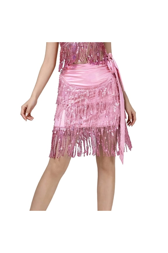 Women'S Skirt Belly Dance Fringe Scarf Skirt With Sequins And Metallic For Performance And Practice Pink One Size