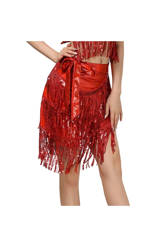 Women'S Skirt Belly Dance Fringe Scarf Skirt With Sequins And Metallic For Performance And Practice Red One Size