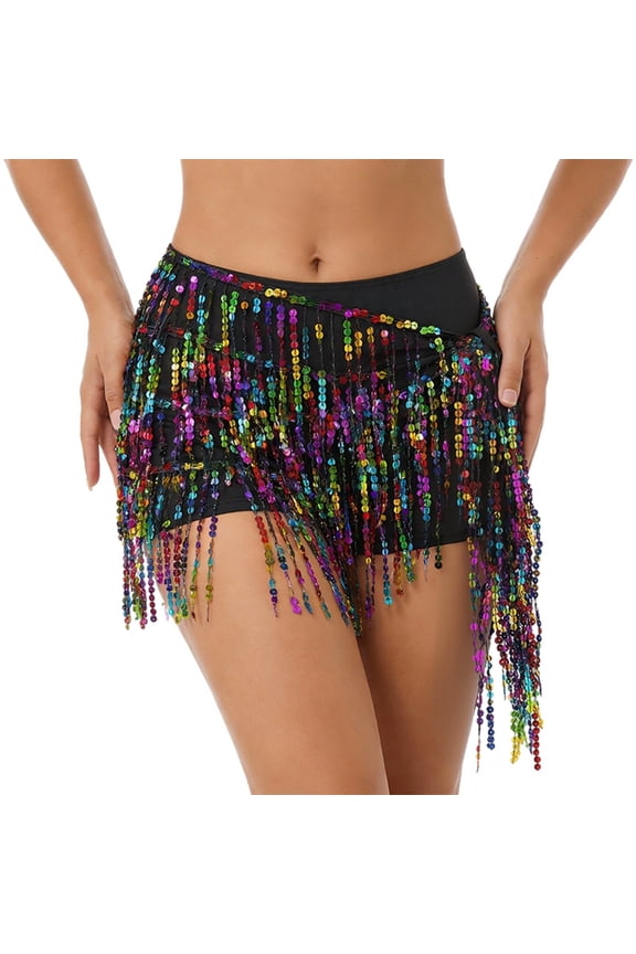 Women'S Skirt Glitter Fringe Waist Chain Bohemian Scarf Wrap Skirt For Belly Dance And Festival BK6 One Size