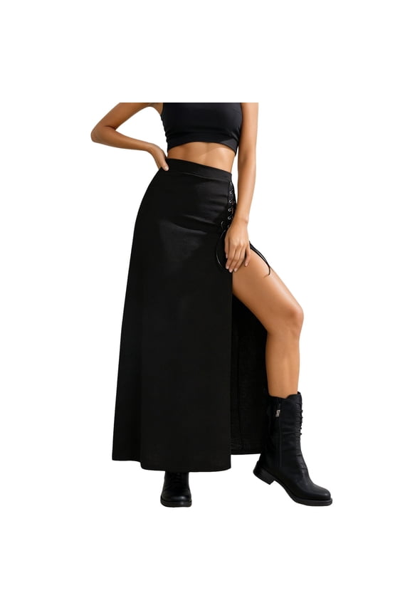 Women'S Skirt Gothic Punk Style Bodycon Skirt With High Slit And Eyelet Lacing Detail For Edgy Fashion Statement Black M