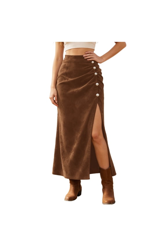 Women'S Skirt High Waist Pencil Skirt Mid Length Elegant Side Slit Bodycon Work Dress Brown L