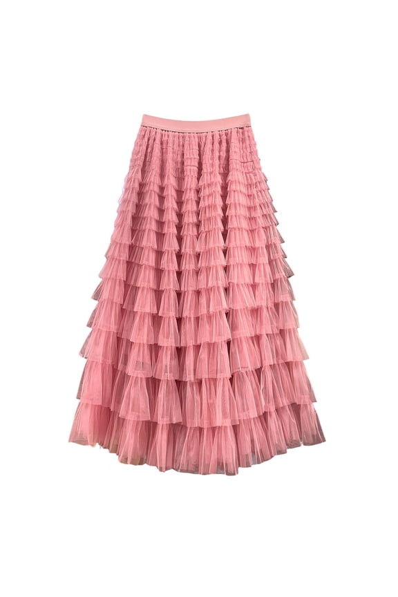 Women'S Skirt Layered Skirt With Mesh Panels Mid Length Flared A Line Skirt For Elegant Party And Daily Wear Watermelon Red M