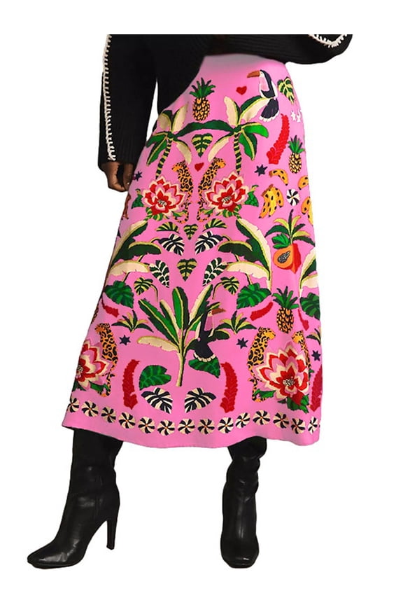 Women'S Skirt Midi Skirt Tropical Plant Print Pink Zipper A-Line Long Skirts Spring Summer Skirt Floral L