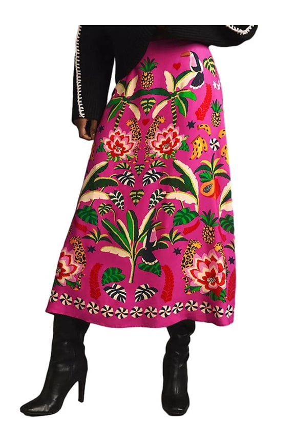 Women'S Skirt Midi Skirt Tropical Plant Print Pink Zipper A-Line Long Skirts Spring Summer Skirt Floral Rose Red M