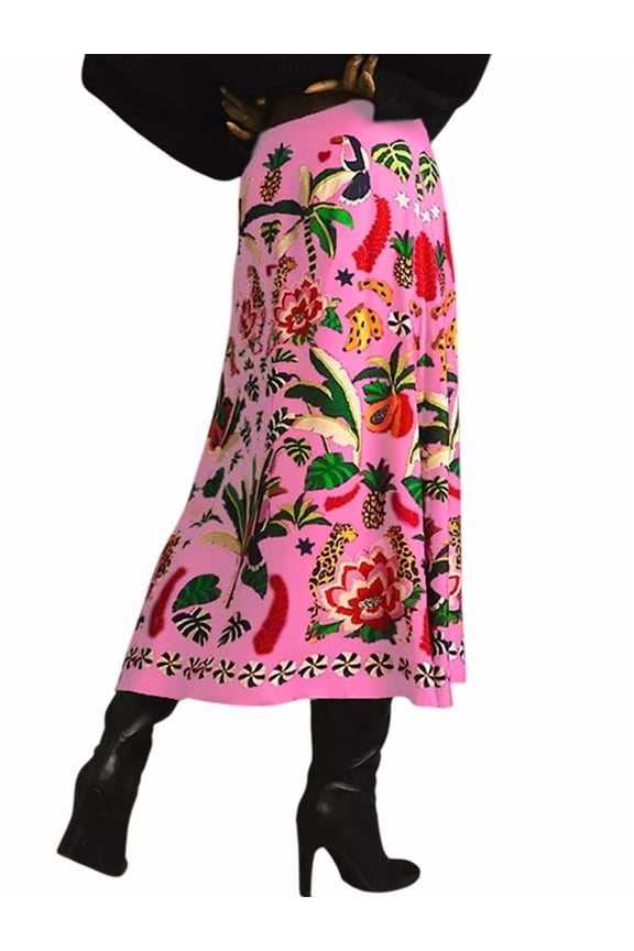 Women'S Skirt Midi Skirt Tropical Plant Print Pink Zipper A-Line Long Skirts Spring Summer Skirt Floral S