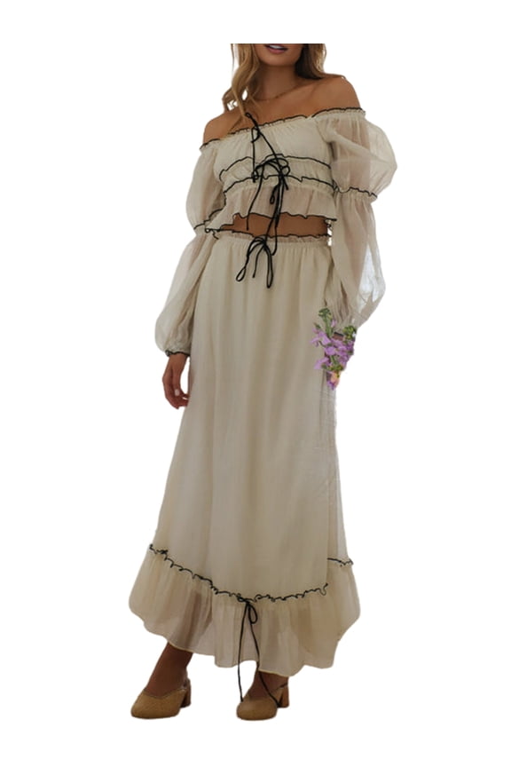 Women'S Skirt Sets 2 Piece Outfits Contrast Trim Ruffle Hem Tops and Maxi Skirt Set M