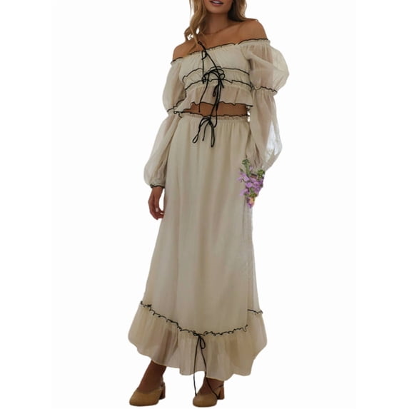 Women'S Skirt Sets 2 Piece Outfits Contrast Trim Ruffle Hem Tops and Maxi Skirt Set S