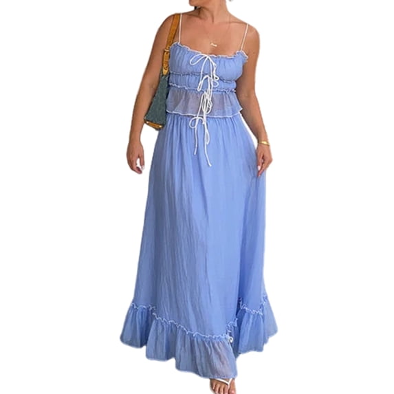 Women'S Skirt Sets 2 Piece Outfits Contrast Trim Ruffle Hem Tops and Maxi Skirt Vacation Set Blue S