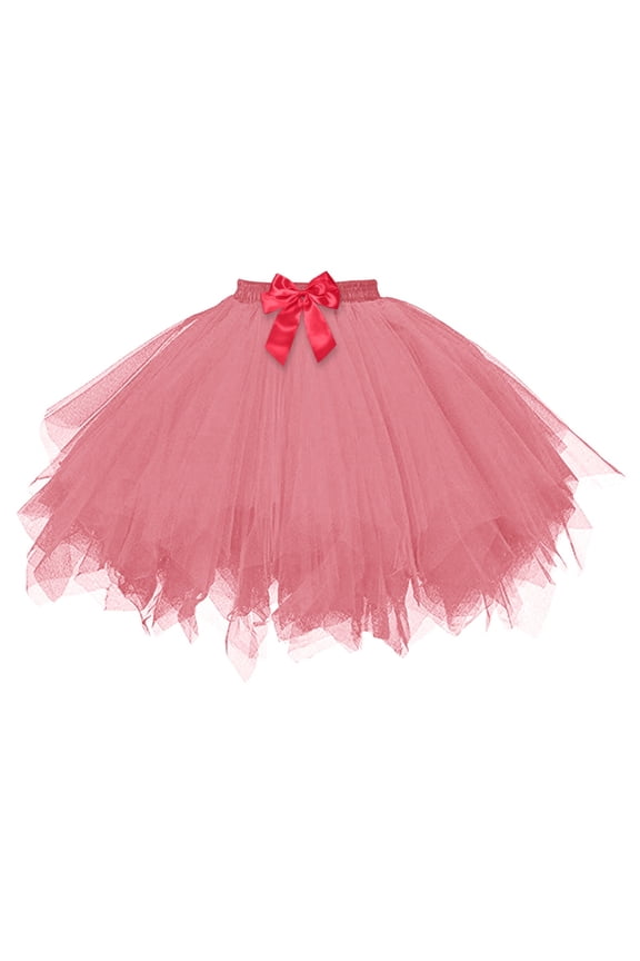 Women'S Skirt Solid Color Tutu Skirt With Bow For Carnival Party Dance Elegant Layered Mesh Puff Gown Watermelon Red One Size