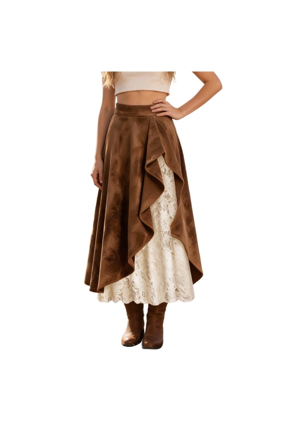 Women'S Skirt Western Style Skirt With Alluring Lace Inserts For Boho Mid Length A Line Denim Brown S