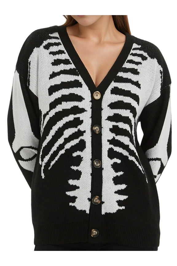 Women'S Skull Pattern Cardigan Sweaters Long Sleeve Unisex Outwear Knitted Coats Black Skull L
