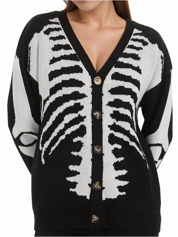 Women'S Skull Pattern Cardigan Sweaters Long Sleeve Unisex Outwear Knitted Coats Black Skull M