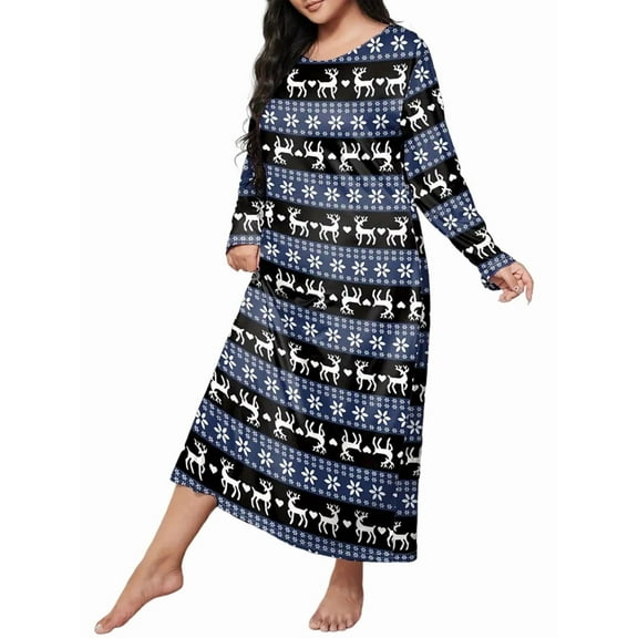 Women'S Sleepwear Long Sleeves Nightgown Print Tee Sleep Dress Christmas  - Blue XXL