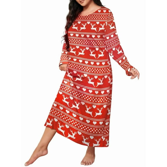Women'S Sleepwear Long Sleeves Nightgown Print Tee Sleep Dress Christmas - Red 4XL