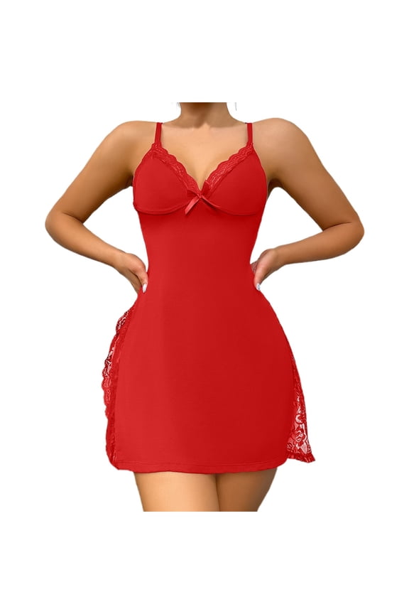 Women'S Sleepwear See Through Lace Spaghetti Strap Ladies Nightgowns,Red,L