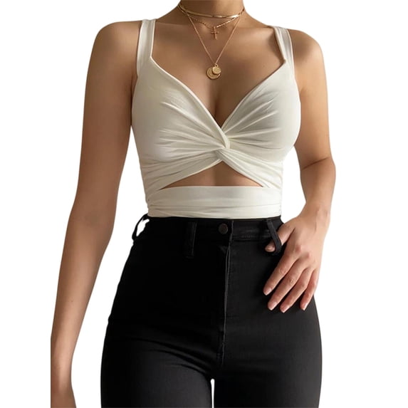 Women'S Sleeveless Backless Going Out Crop Tank Top Pleated Sweetheart Neck Strappy Cropped Tops White L