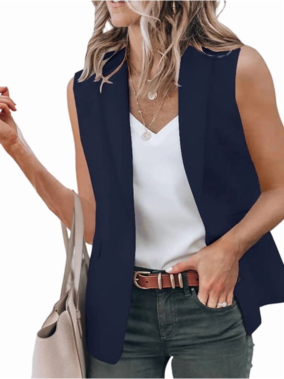 Women'S Sleeveless Blazer Vest Casual Open Front Single Button Summer Jacket with Pockets Navy Blue M