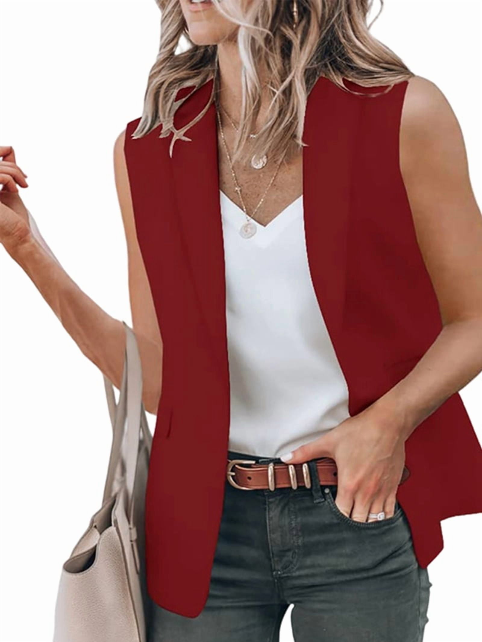 Women'S Sleeveless Blazer Vest Casual Open Front Single Button Summer Jacket with Pockets Wine Red M