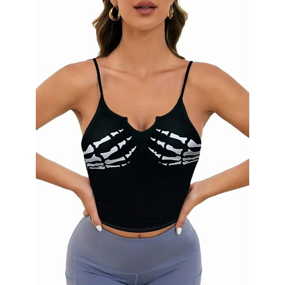Women'S Sleeveless Camisole Top Halloween Skull Hand Print Short Camisole Top Black L