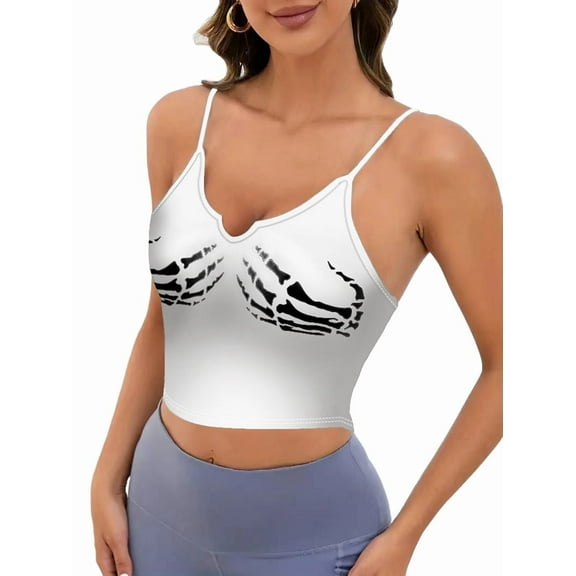Women'S Sleeveless Camisole Top Halloween Skull Hand Print Short Camisole Top White XXL