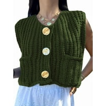 Women'S Sleeveless Cropped Knit Cardigan 2025 Casual Button Down Crochet Sweater Vest Tops with Pockets Green S