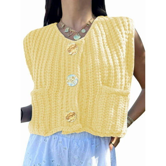 Women'S Sleeveless Cropped Knit Cardigan 2025 Casual Button Down Crochet Sweater Vest Tops with Pockets Light Yellow L