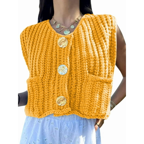 Women'S Sleeveless Cropped Knit Cardigan 2025 Casual Button Down Crochet Sweater Vest Tops with Pockets Turmeric L