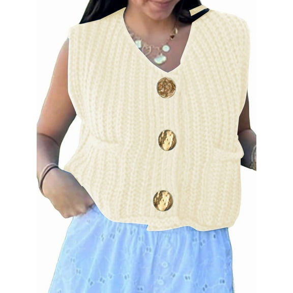 Women'S Sleeveless Cropped Knit Cardigan 2025 Casual Button Down Crochet Sweater Vest Tops with Pockets White Milk M