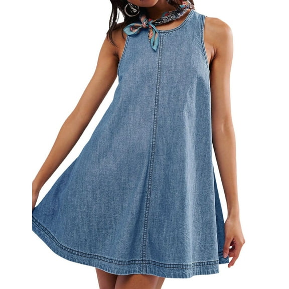 Women'S Sleeveless Denim Babydoll Mini Dress Summer Casual Cutout Back A-Line Flowy Jean Dress with Pockets Light Blue L
