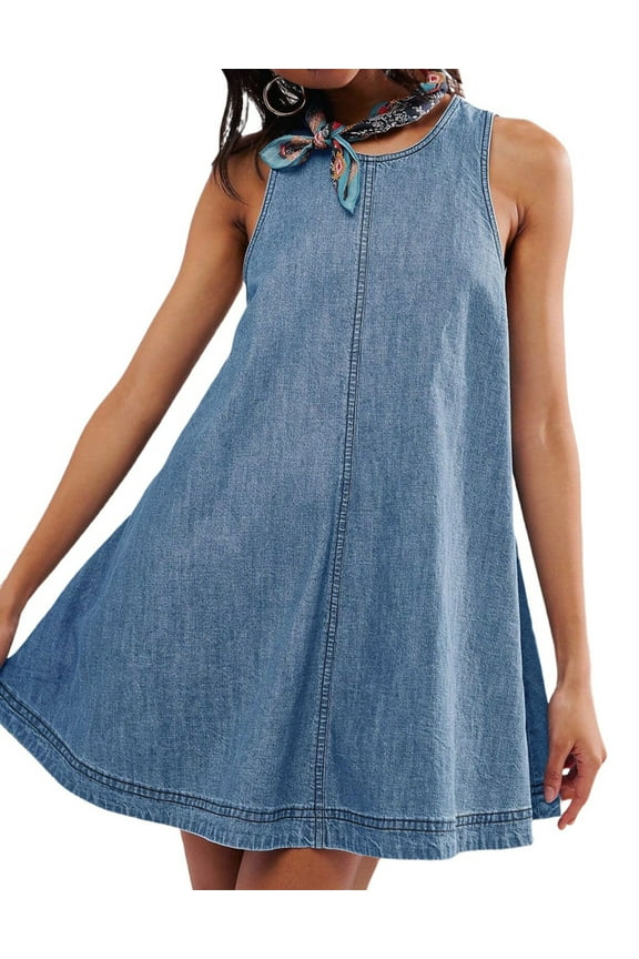 Women'S Sleeveless Denim Babydoll Mini Dress Summer Casual Cutout Back A-Line Flowy Jean Dress with Pockets Light Blue L