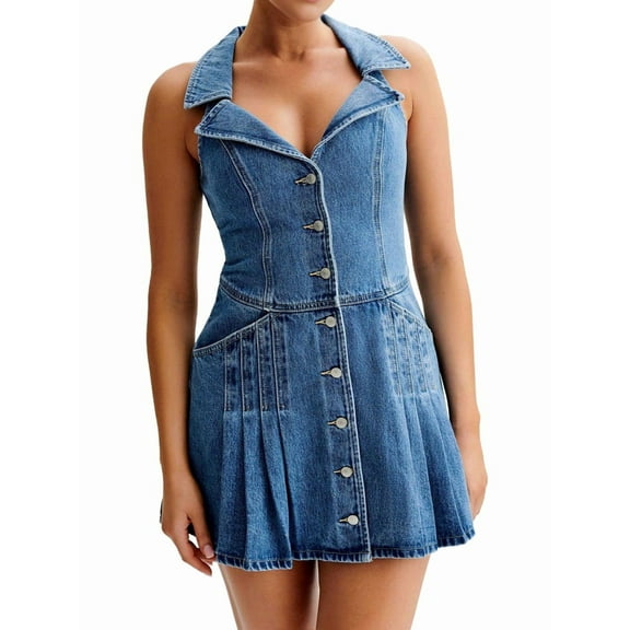 Women'S Sleeveless Denim Dresses Chic Single Breasted Ruffed Hem Mini Length Dress Blue L
