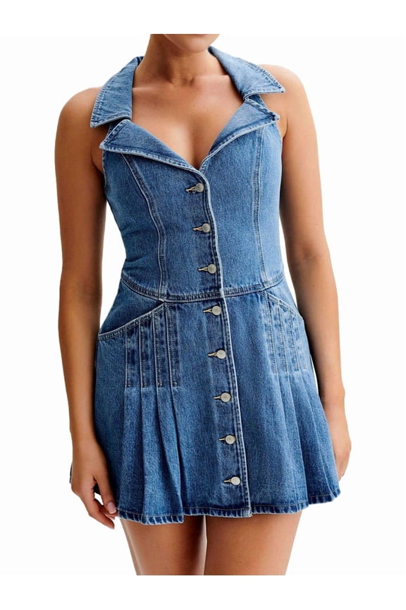 Women'S Sleeveless Denim Dresses Chic Single Breasted Ruffed Hem Mini Length Dress Blue M