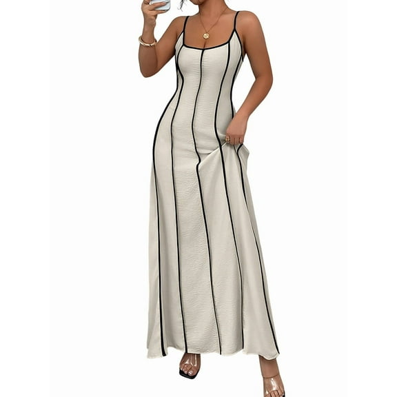 Women'S Sleeveless Dress Summer Contrast Color Knitted Halter Maxi Dress Khaki L