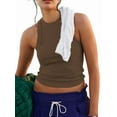 thumbnail image 1 of Women'S Sleeveless Full Length Ribbed Fitted Racerback Workout Crew High Neck Basic Tank Top Coffee M, 1 of 9