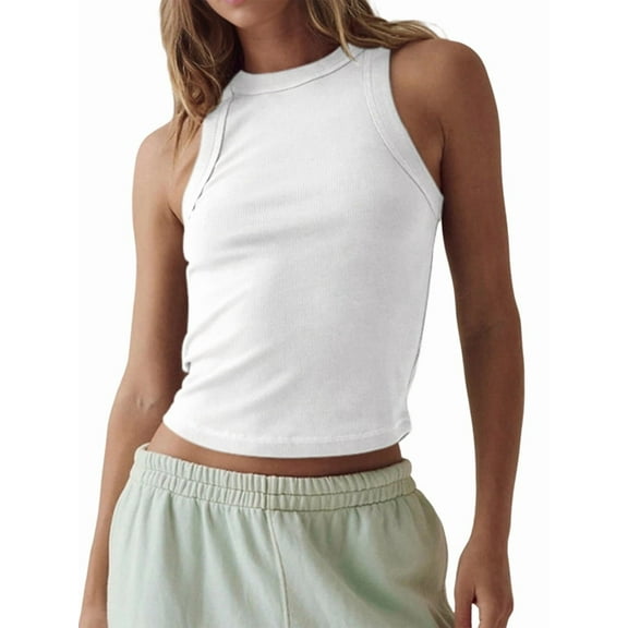 Women'S Sleeveless Full Length Ribbed Fitted Racerback Workout Crew High Neck Basic Tank Top White L