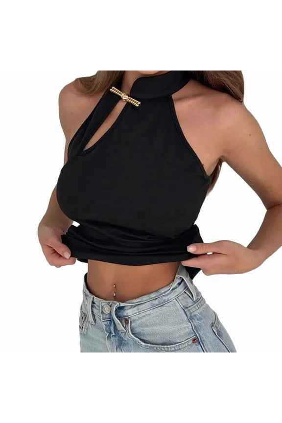 Women'S Sleeveless Halter Tops with Metal Buckle and Keyhole Design for A Chic Summer Look Black S