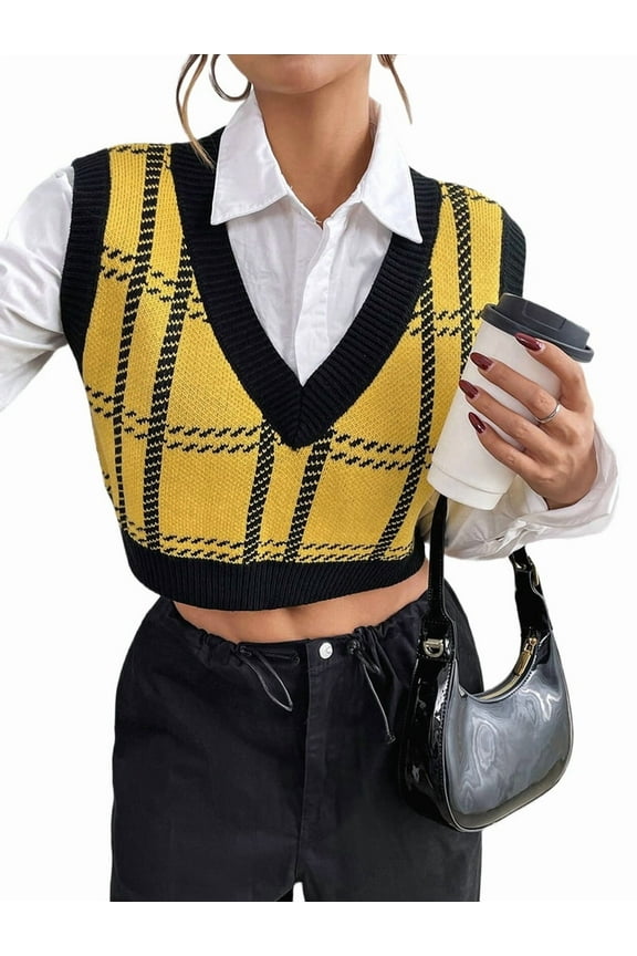 Women'S Sleeveless Knit Sweater Vest Plaid V Neck Crop Top Y2K Fashion Trendy Streetwear Yellow L