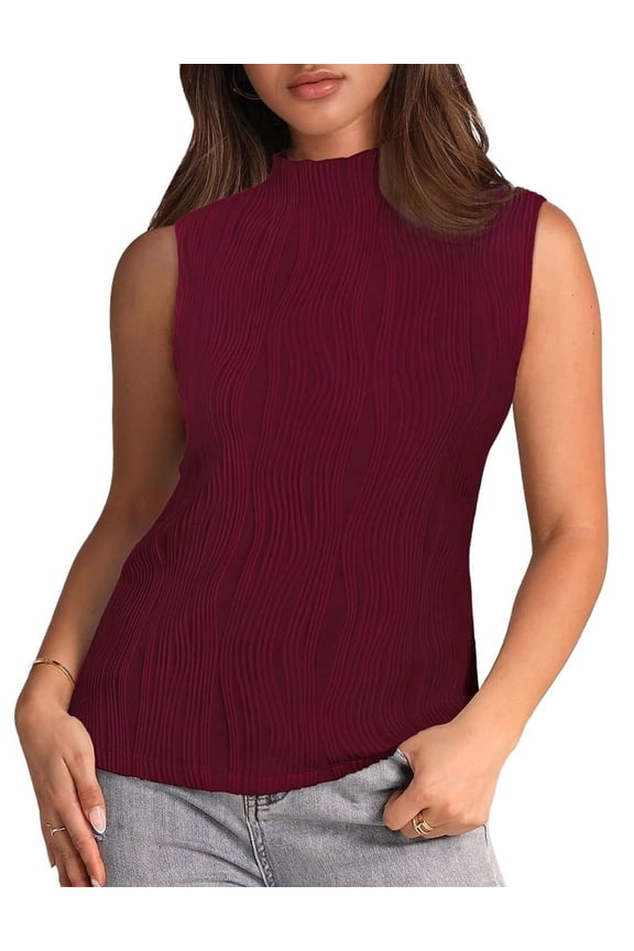 Women'S Sleeveless Mock Neck Textured Tank Top Wine red L